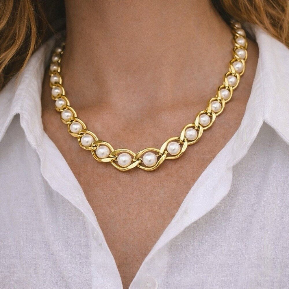Vintage 90s Faux Pearl Gold Tone Chain Necklace 23 Inch Costume Jewelry